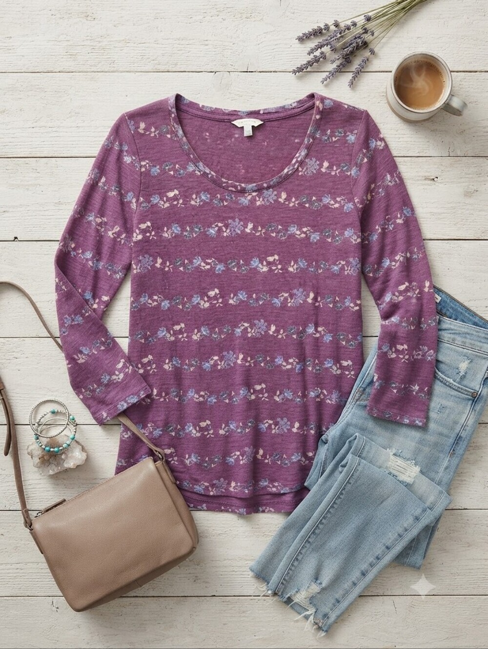 Lucky Brand Maroon Floral Print 3/4 Sleeve Shirt